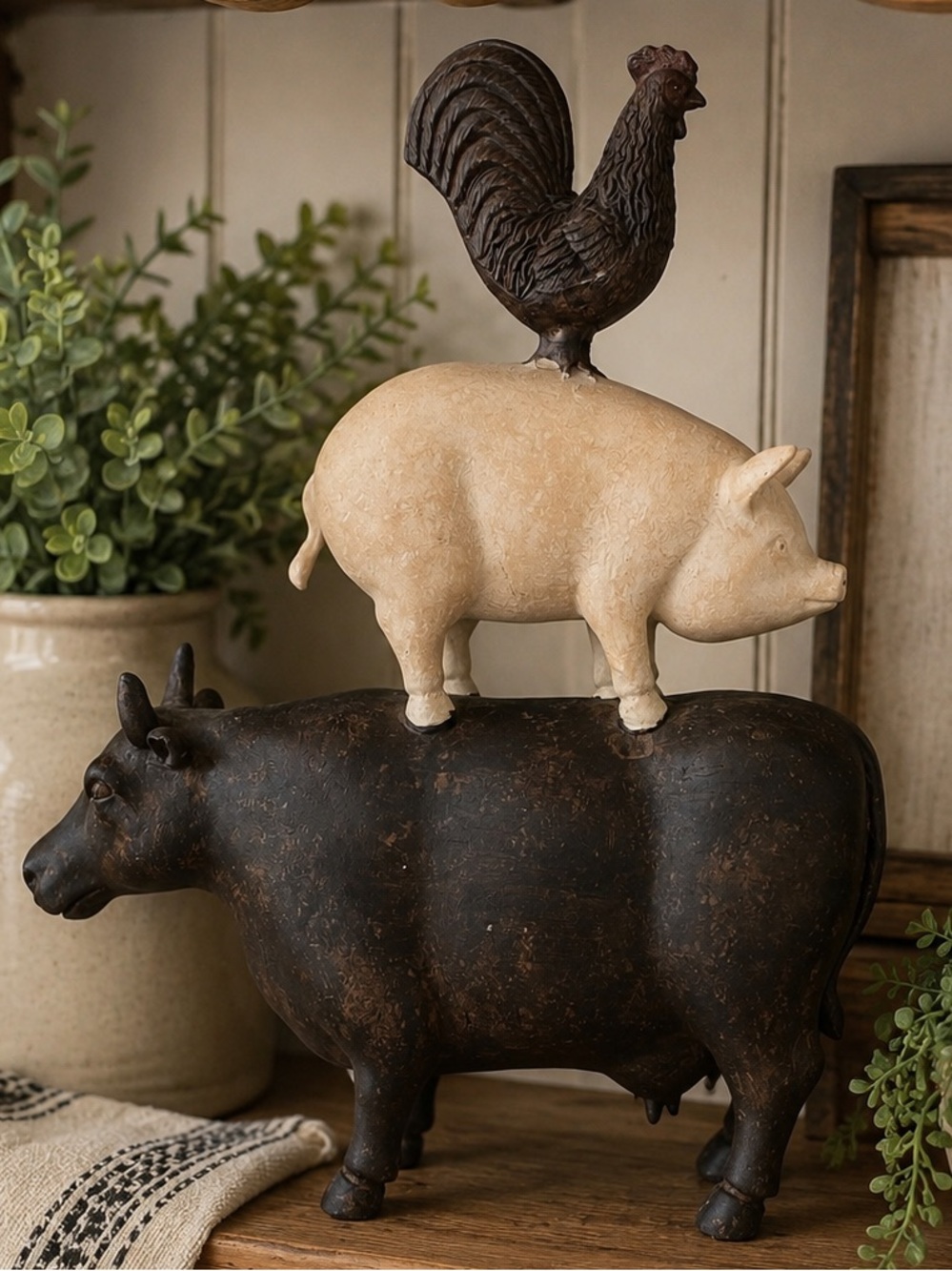 Rustic Farmhouse Stacked Cow Pig Rooster Figurine Farm Animal Decor 14”